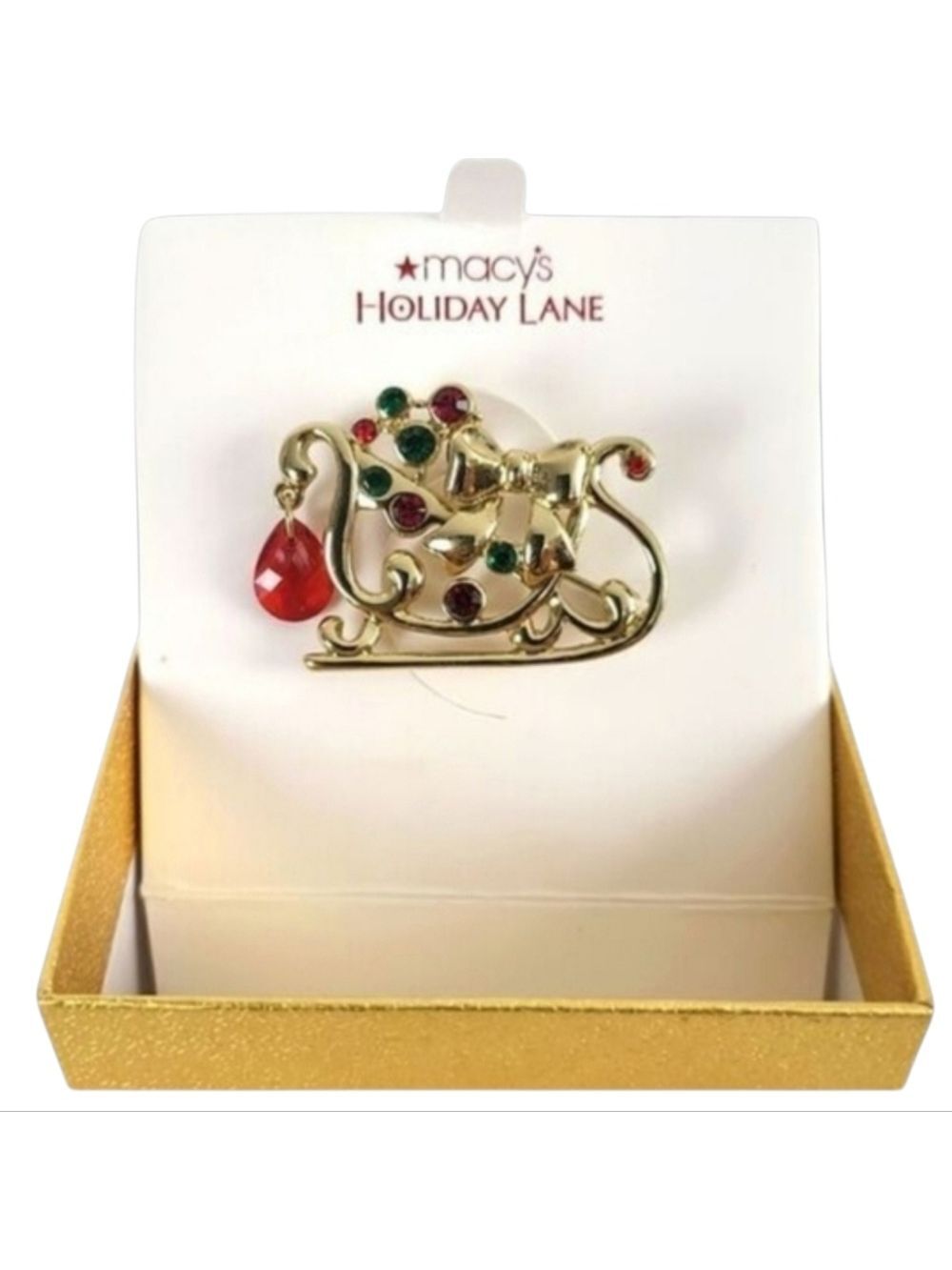 Macy's Holiday Lane Gold Sleigh Brooch Red Green Gemstones